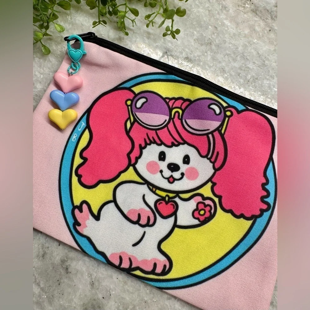 New Retro 80s Style Poochie Dog Pink Makeup Tech Pencil Bag w/ Charm - 8.5” x 6”